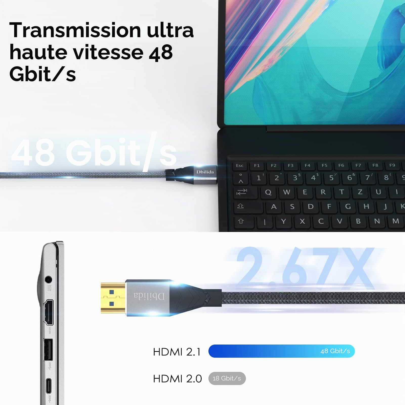 Câble à fibre optique HDMI 2.1 10 m, câble HDMI 8K/4K, prise en charge 48 Gbit/s, 8K 60 Hz/4K 120 Hz, Dynamic HDR, eARC, compatible avec PS5, Xbox Series X