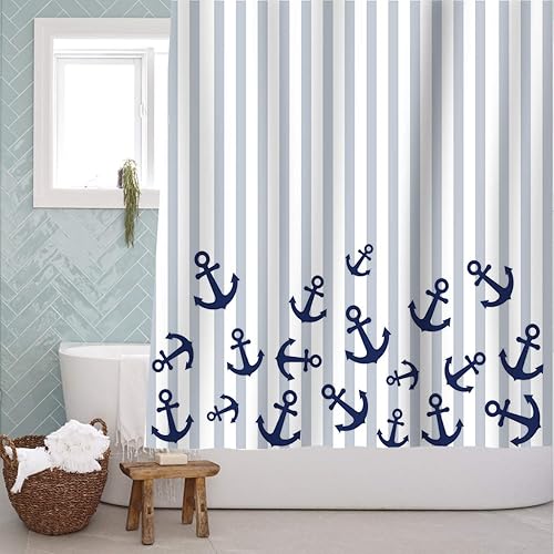 Miniatura 4 de Sunlit Cortina de ducha de tela náutica, ancla azul marino con rayas grises, cortinas de decoración de baño náuticas del océano