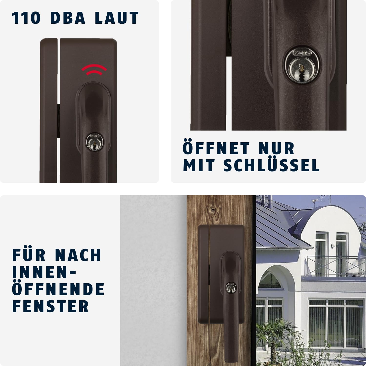 ABUS Verrou de Poignée de Fenêtre FO400A AL0145 - Sécurité de Fenêtre avec Serrure Supplémentaire et Alarme, à Verrouillage Identique - Niveau de Sécurité 10 - 33276 - Marron