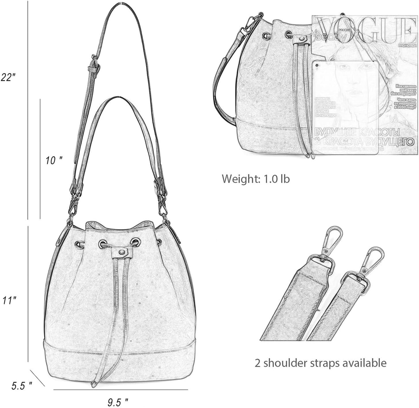 AFKOMST Suede Bucket Bags for Women Medium Slouchy Shoulder Handbag and Drawstring Hobo Purse with 2 Convertible Straps | Faux Suede, Spacious Room, Fit Tablet, A5 Notebook - Image 6