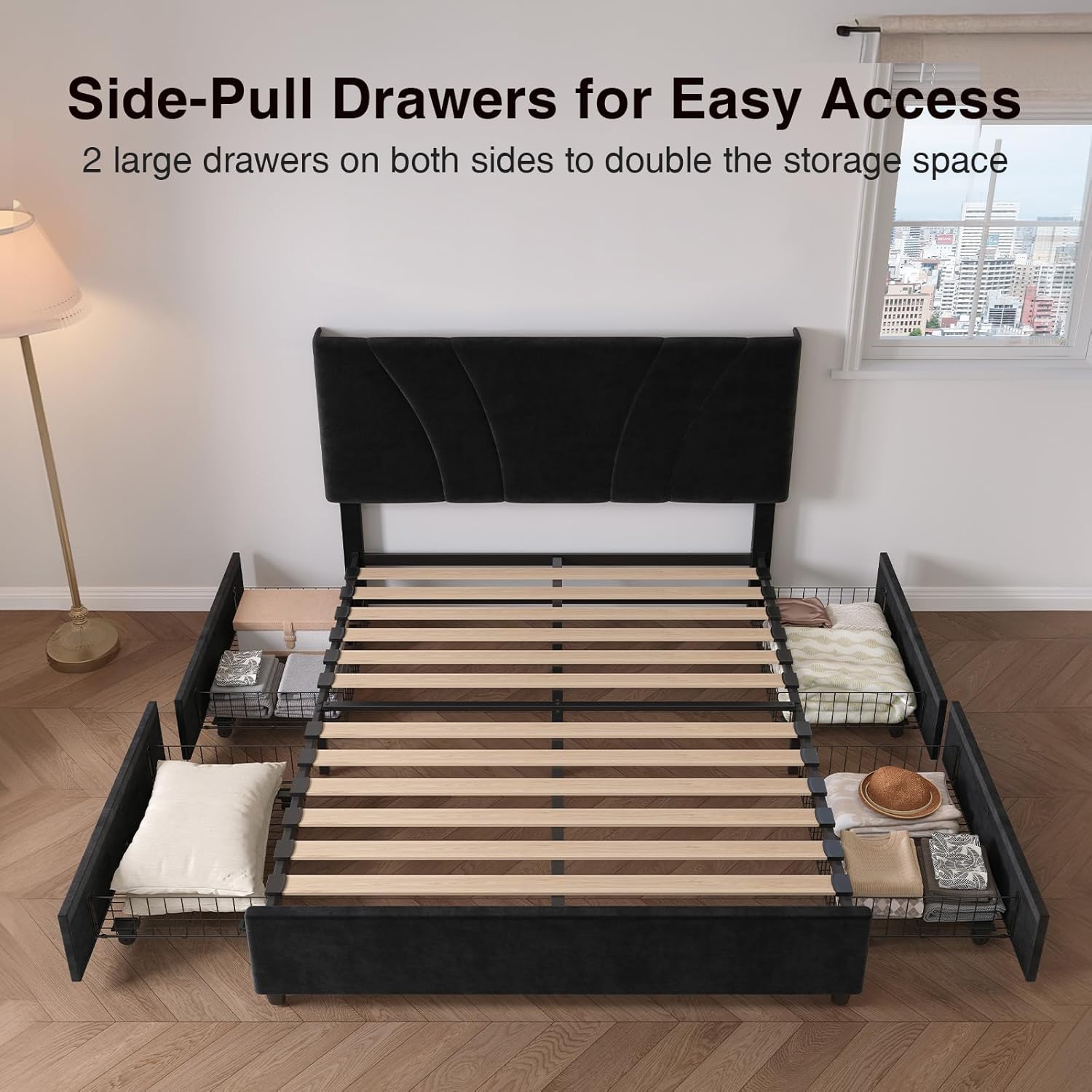 Novilla Queen Bed Frame with Headboard, Queen Bed Frame with Drawers, Queen Bed Frame with LED Lights, Charging Station and Adjustable Headboard, No Box Spring Needed, Black Velvet