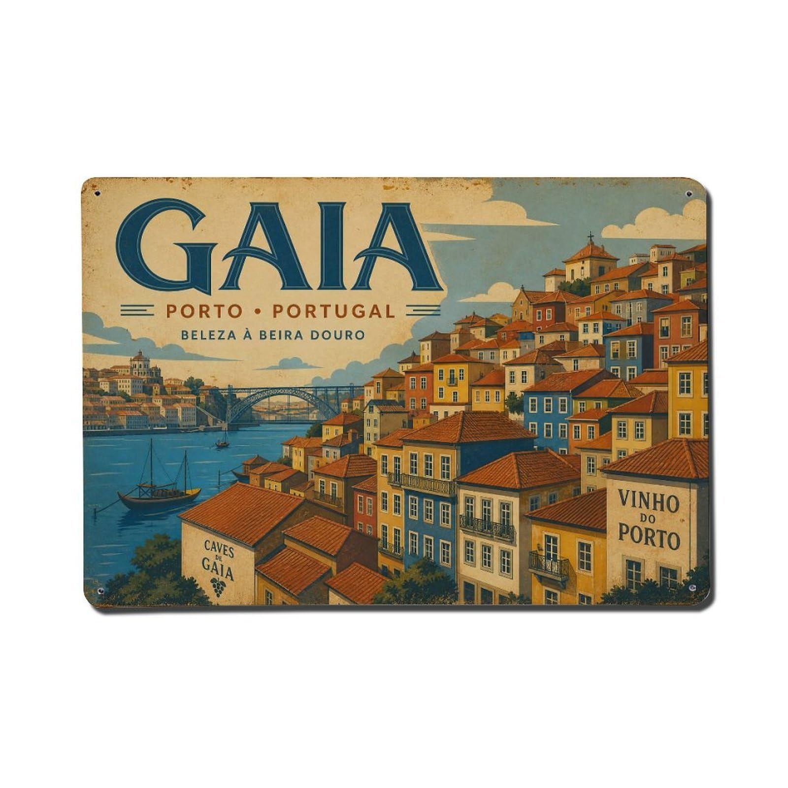 Vintage Travel Gaia Terraced Buildings Portugal Metal Tin Sign