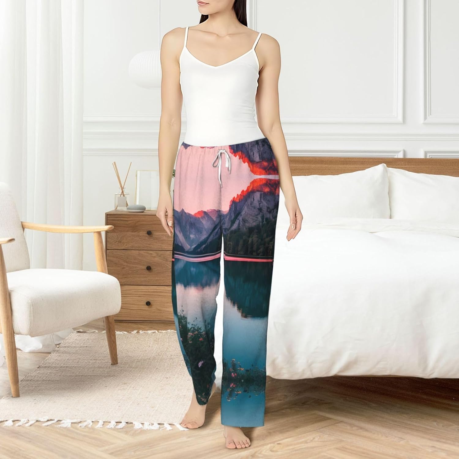 Lake And Sunset Print Cozy Christmas Pajama Pants,Flannel Pajama Bottoms,Cater To Various Body Types