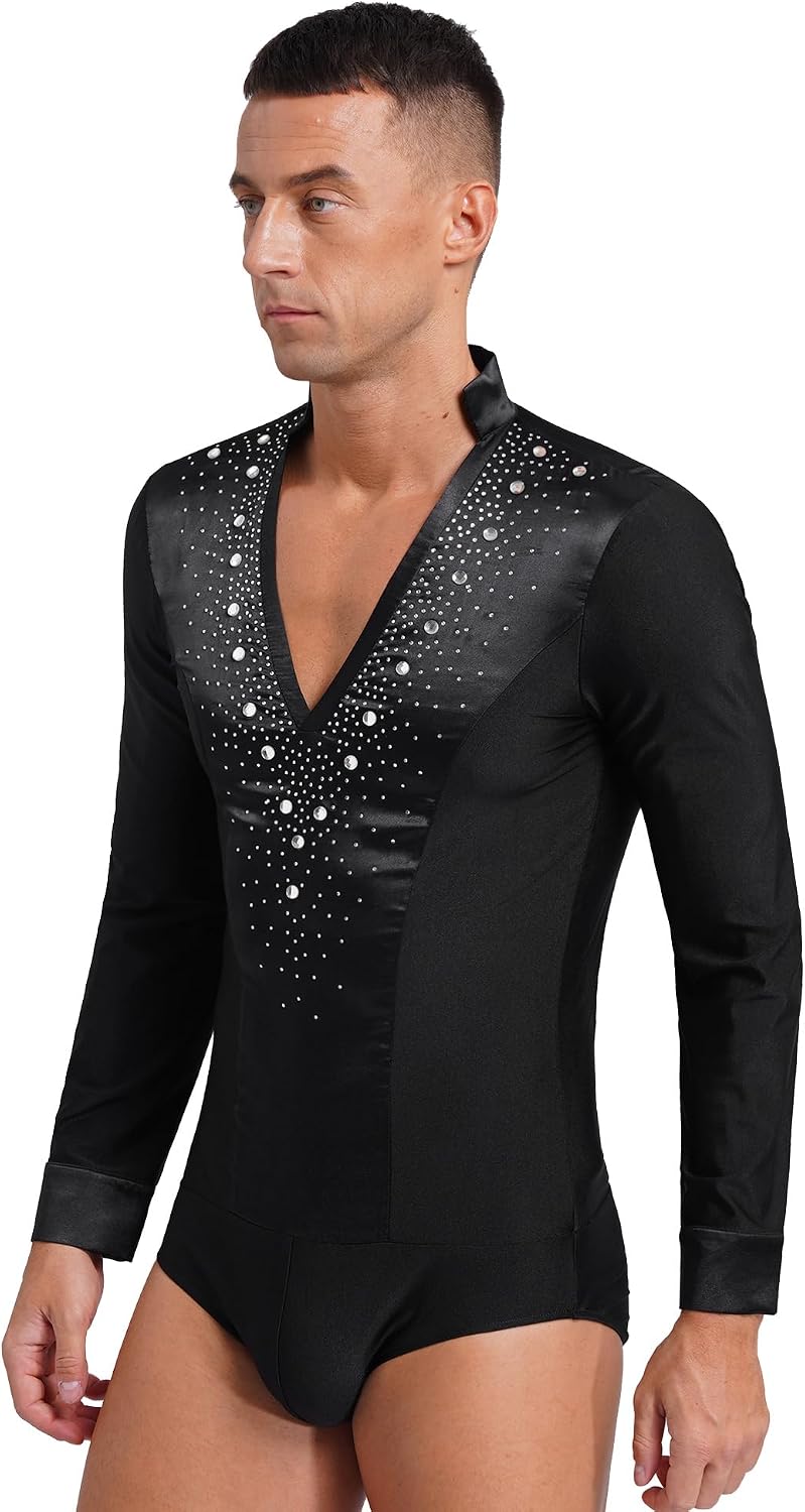 ranrann Men Latin Dance Shirt Top Ballroom Modern Stretch Long Sleeve Rhinestones Figure Skating Leotard Dance Costume