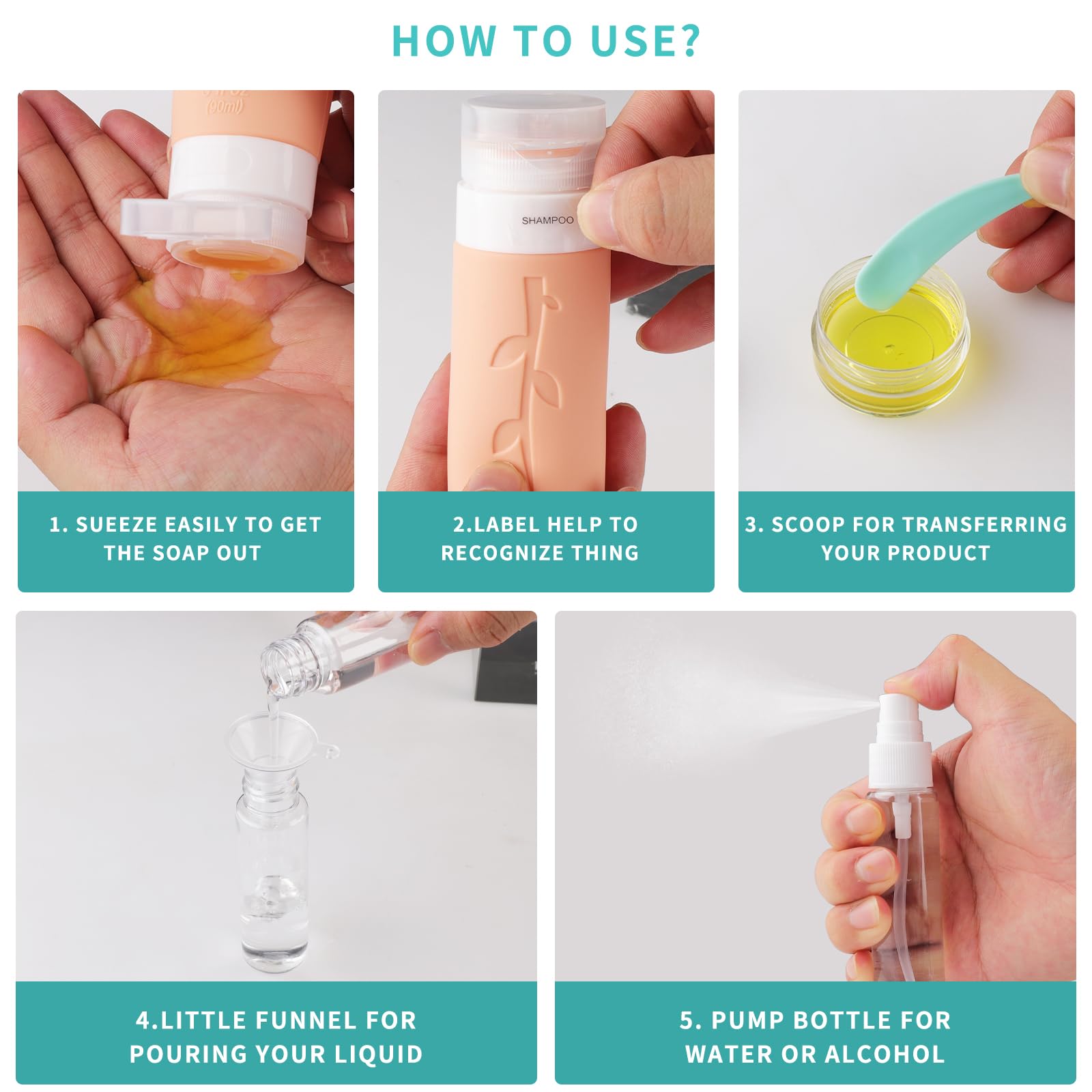 Bottiglie da Viaggio in Silicone, Kit da Contenitori da Viaggio Flaconi da Viaggio Riutilizzabili per Shampoo, Liquidi and Lozione (Colore)