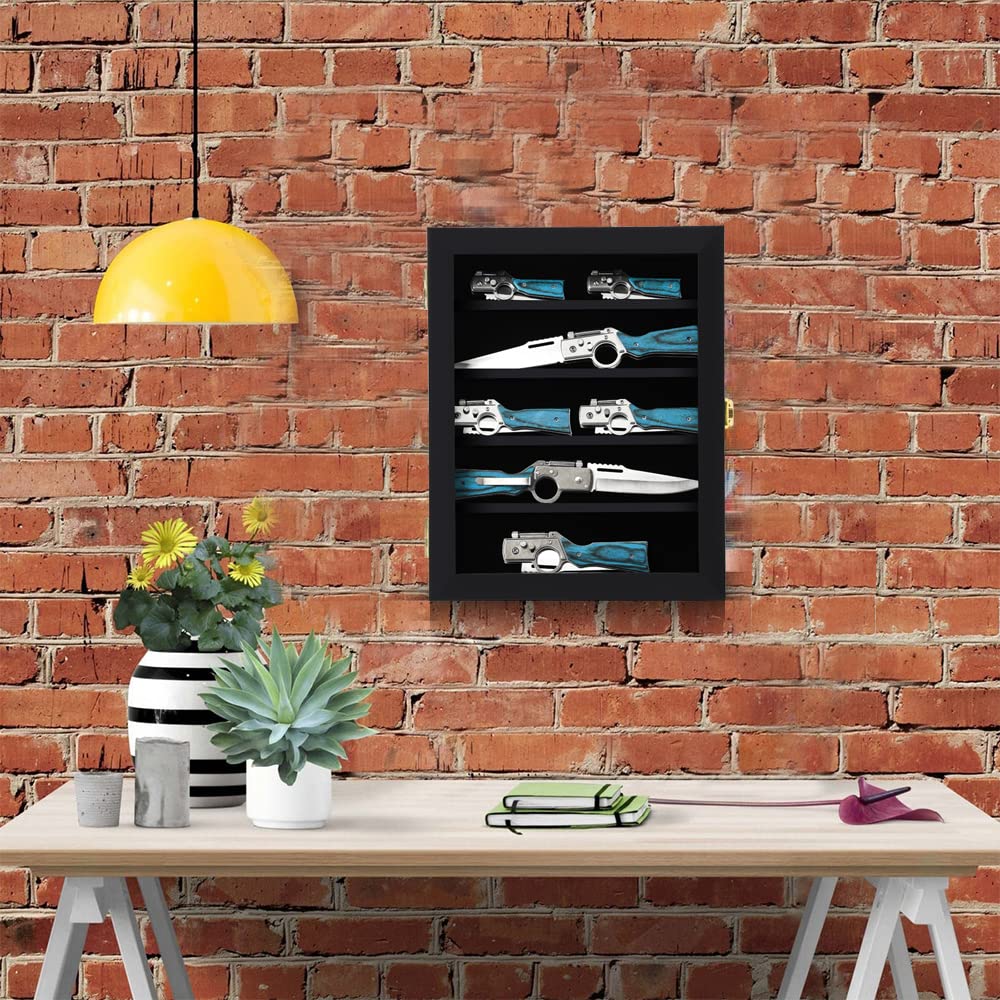 Grintus Taschenmesser Vitrine Messersammlung Display Box für Wand Klappmesser Schrank mit UV-Schutz Acryl abschließbar Schwarz