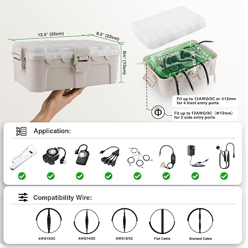Miniatura 79 de Flemoon Caja eléctrica grande para exteriores (12.5 x 8.5 x 5 pulgadas), cubierta de cable de extensión impermeable IP54 resistente a la intemperie
