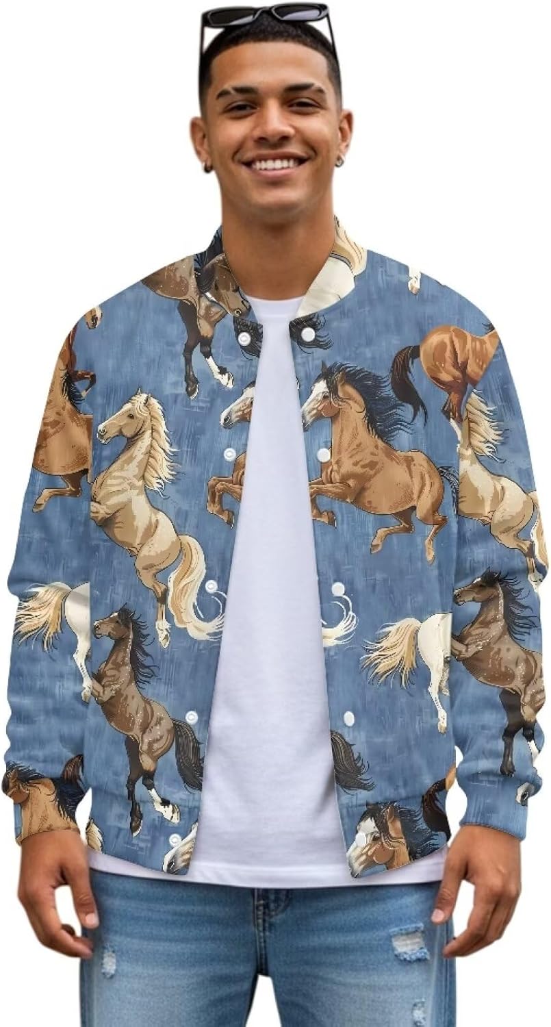Men's Graphic Button Up Jacket Slim Fit Casual Jacket Pocket Windproof Outerwear
