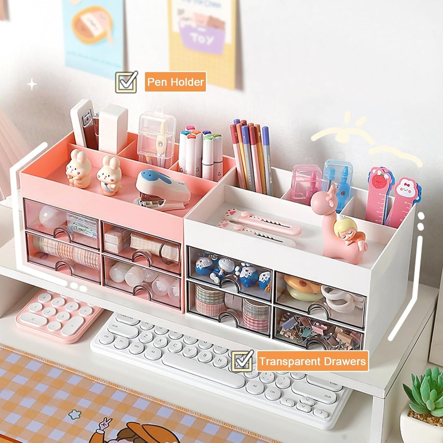 Zollyss Organizer da scrivania multifunzionale in plastica con 4 scomparti e 4 cassetti, organizer da scrivania per articoli di cancelleria, organizer per cosmetici, per penne, cucitrici, clip