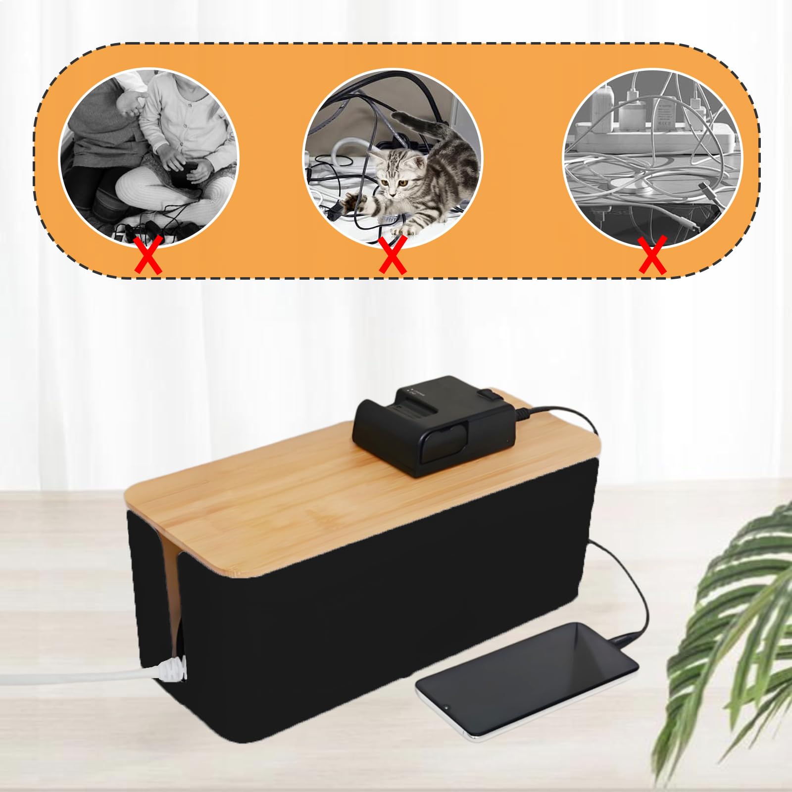Pudełko na kable, organizer na kable z drewnianą pokrywą, 30 x 13 x 10 cm, z tworzywa sztucznego, z opaskami kablowymi i uchwytem na kable, pudełko na gniazdko elektryczne, na przedłużacz, paski