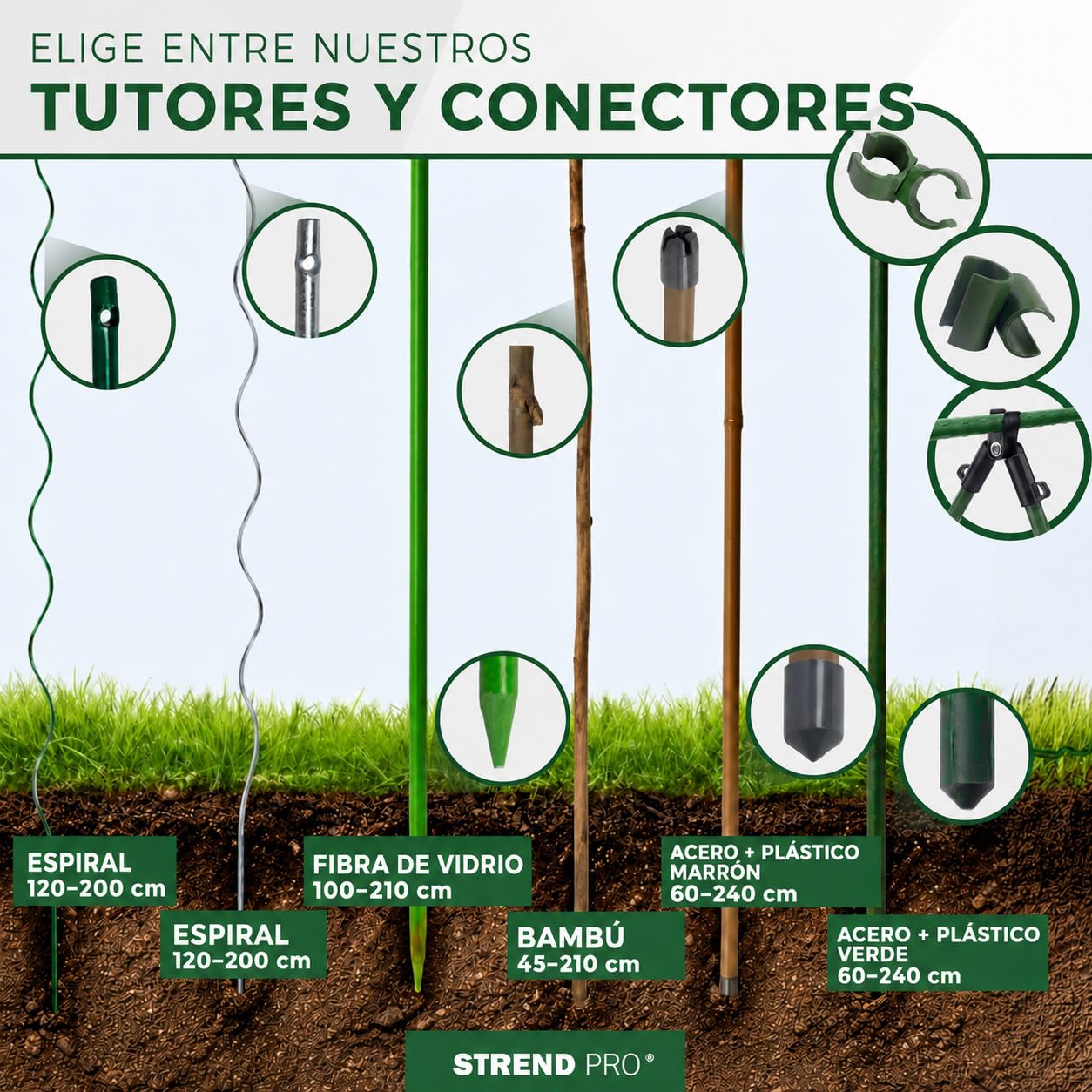 STREND PRO Tutores Espirales para Tomates 180 cm, Pack de 25 | Ø 6,5 mm, Acero Galvanizado | Soporte para Plantas Trepadoras