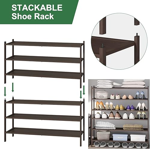 Vista 67 de Zapatero de bambú para entrada, apilable de 2 niveles, plegable, natural, organizador de zapatos para armario de pasillo, zapateros independientes