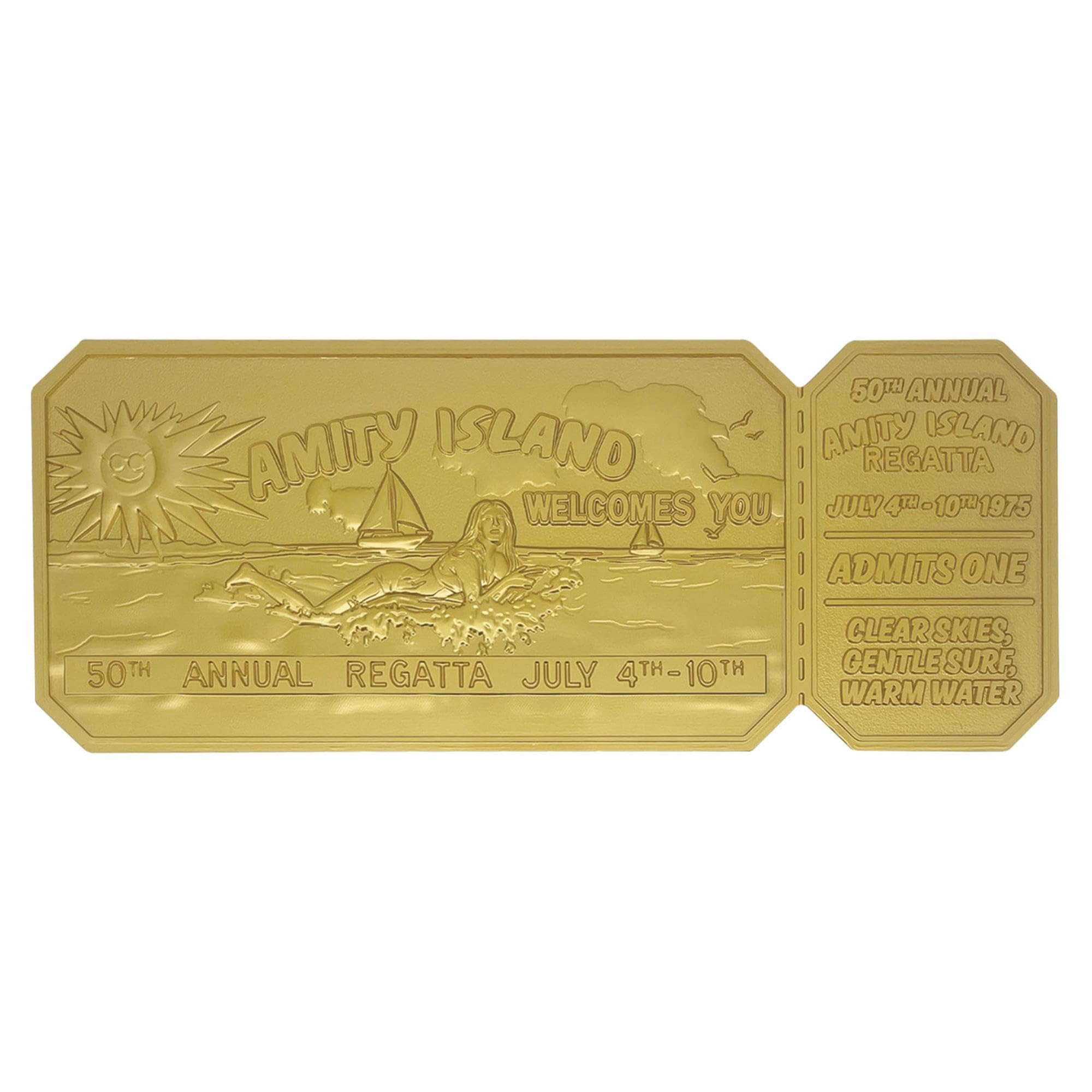 Fanattik Gold Jaws 50Th Anniversary Regatta Ticket Replica – Limited Edition Collectible (24K Plated, Officially Licensed, 160X65mm, Display Stand Included)