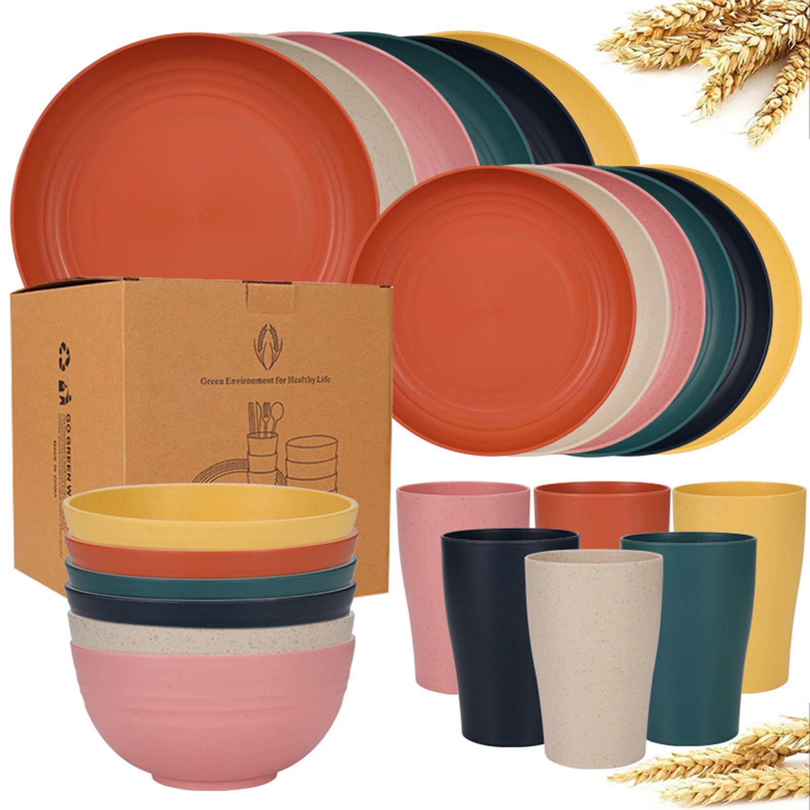 割れないディナープレート16枚/24枚/32枚、ストロー食器セット8人暮らし 食器セット ブラック、電子レンジ・食洗機対応、再利用可能カトラリー (24, マカロン)