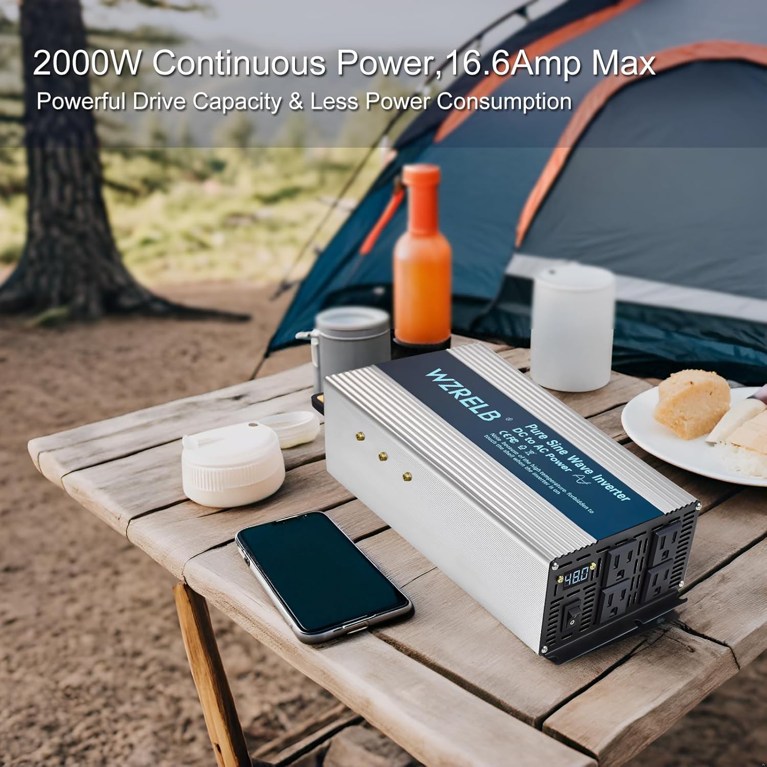 WZRELB 2000W Pure Sine Wave Inverter 48V DC to 110V 120V AC, Car Power Inverter with 4 AC Outlets, LED Display,Off-Grid Portable Power Converter for Home, RV, Truck, Camping
