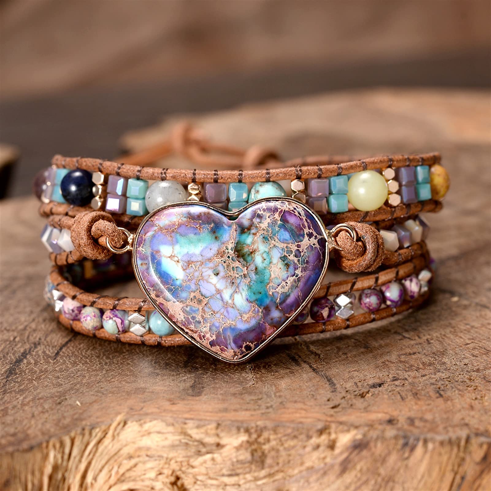 Liebes-Herz-Stein-Wickelarmbänder, handgefertigt, geflochtene Perlen, dreifache Freundin, böhmischer Schmuck, Geschenk-Armband-Schmuck