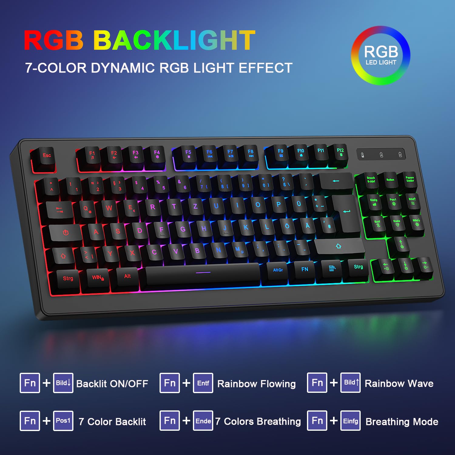 Kabellose Gaming Tastatur und Maus Set, DE Layout QWERTZ 75% TKL RGB Beleuchtet, Wiederaufladbare Ergonomische Gaming Maus, Kompaktes Keyboard für PC, Mac, Xbox,PS5