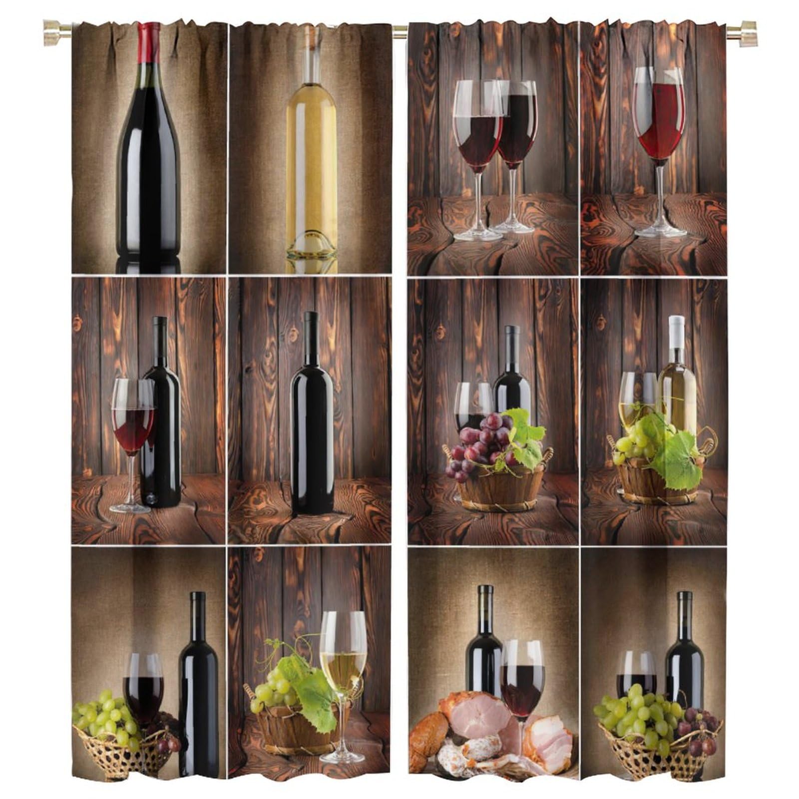 BenYaSong Wine Decor Window Curtain Wine Themed Collage on Wooden Backdrop with Grapes and Meat Rustic Country Drink for Home Kitchen Livingroom