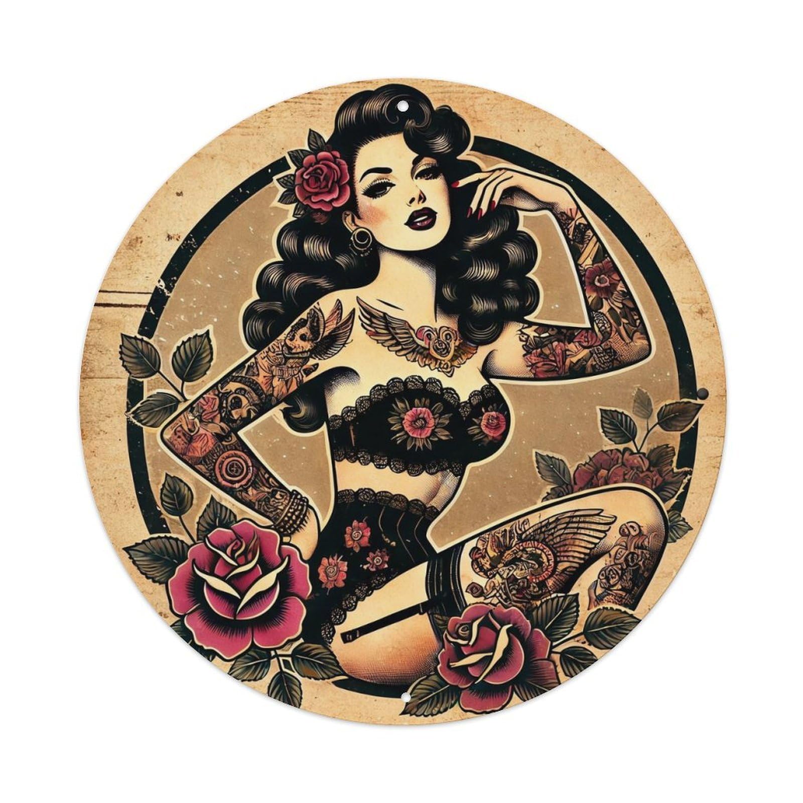 Tattooed Woman With Roses And Wings Round Metal Tin Sign Vintage Wall Decor, Bar Garage Cafe Kitchen Home Wall Art Poster 8x8inches