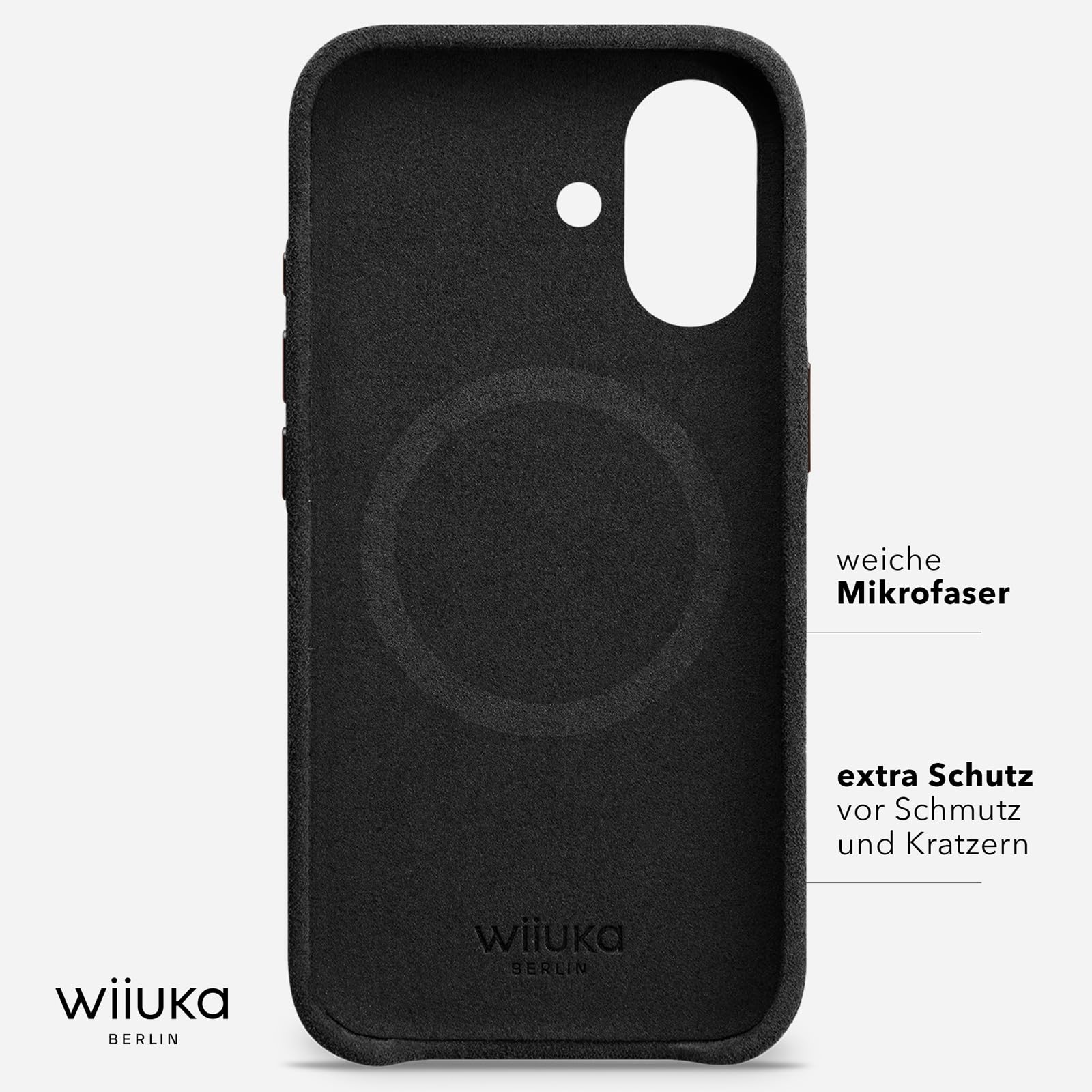 WIIUKA Etui do iPhone 17, oryginalne Alcantara®, ręcznie wykonane, bardzo cienkie, premium etui na telefon komórkowy, Case, Qi, alternatywa dla skóry, skiin Alcantara, czarne