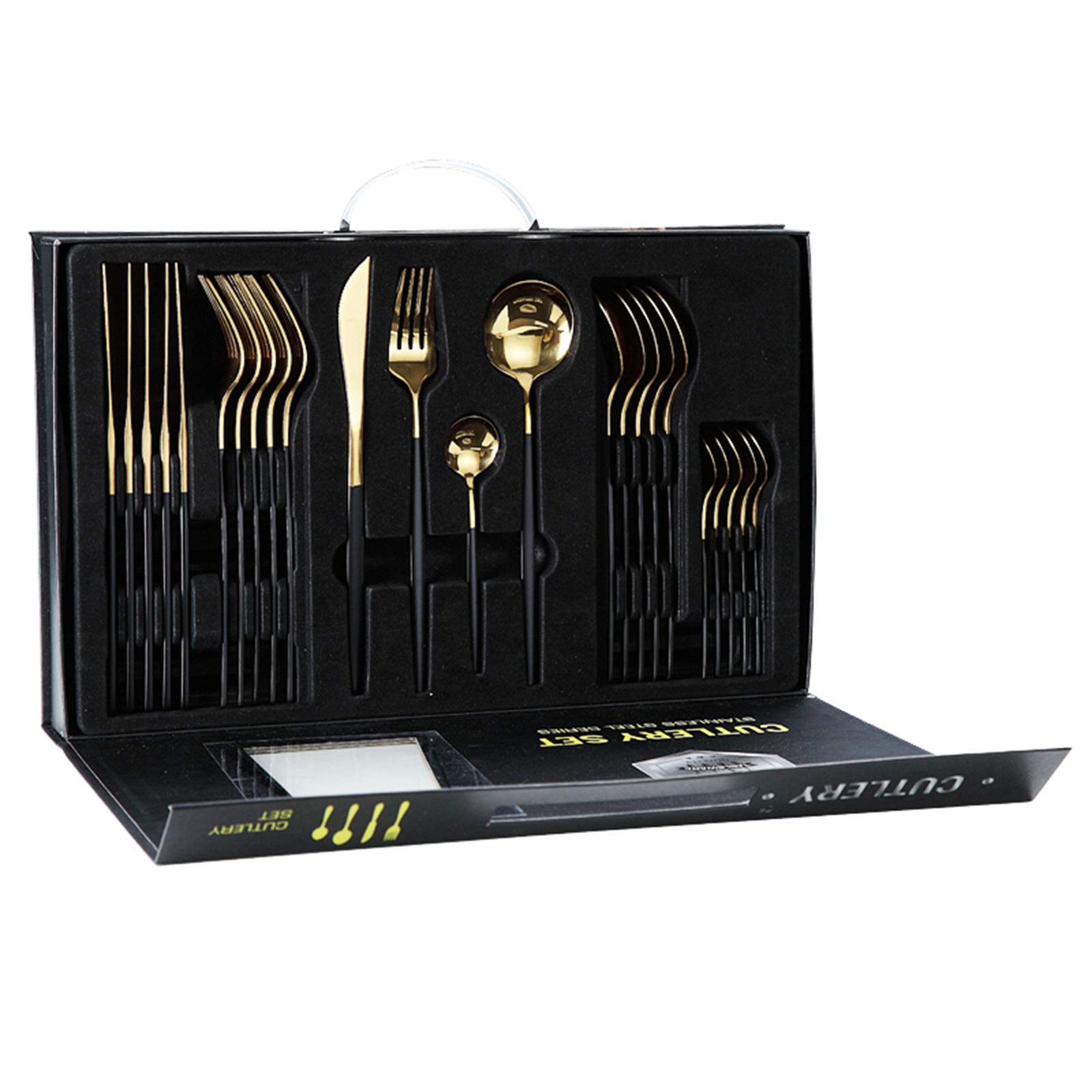 rismart Edelstahl 24 Teile Besteck Set Silberbesteck mit Messer, Kaffee Suppe Teelöffel, Gabeln Gold Schwarz