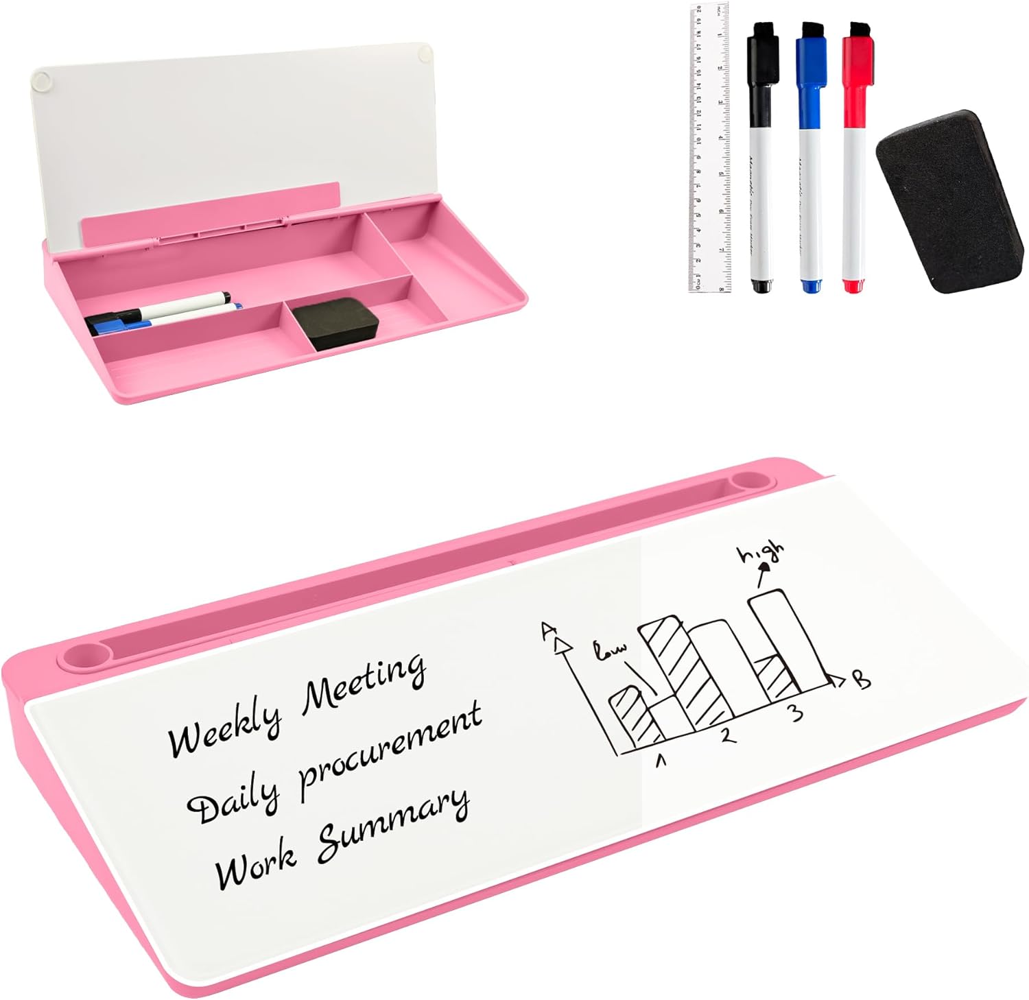 Desktop Whiteboard, Glass Dry Erase Board, Desk Board Buddy,Computer Keyboard Stand,Desk Whiteboard Organizer for Home,Office,School Supplies (Pink)