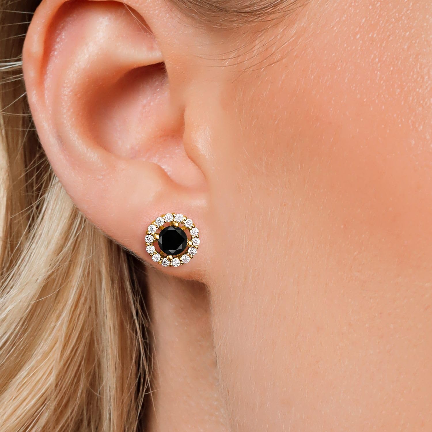 Gem Stone King 18K Yellow Gold Plated Silver Stud Earrings Round Black Diamond and Moissanite (1.52 Cttw) - Image 3