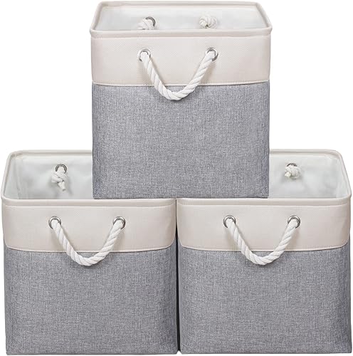 KEEGH Cestas de almacenamiento grandes de tela para estantes de 13 x 13 x 13 pulgadas, contenedores de almacenamiento plegables de lino con asas,