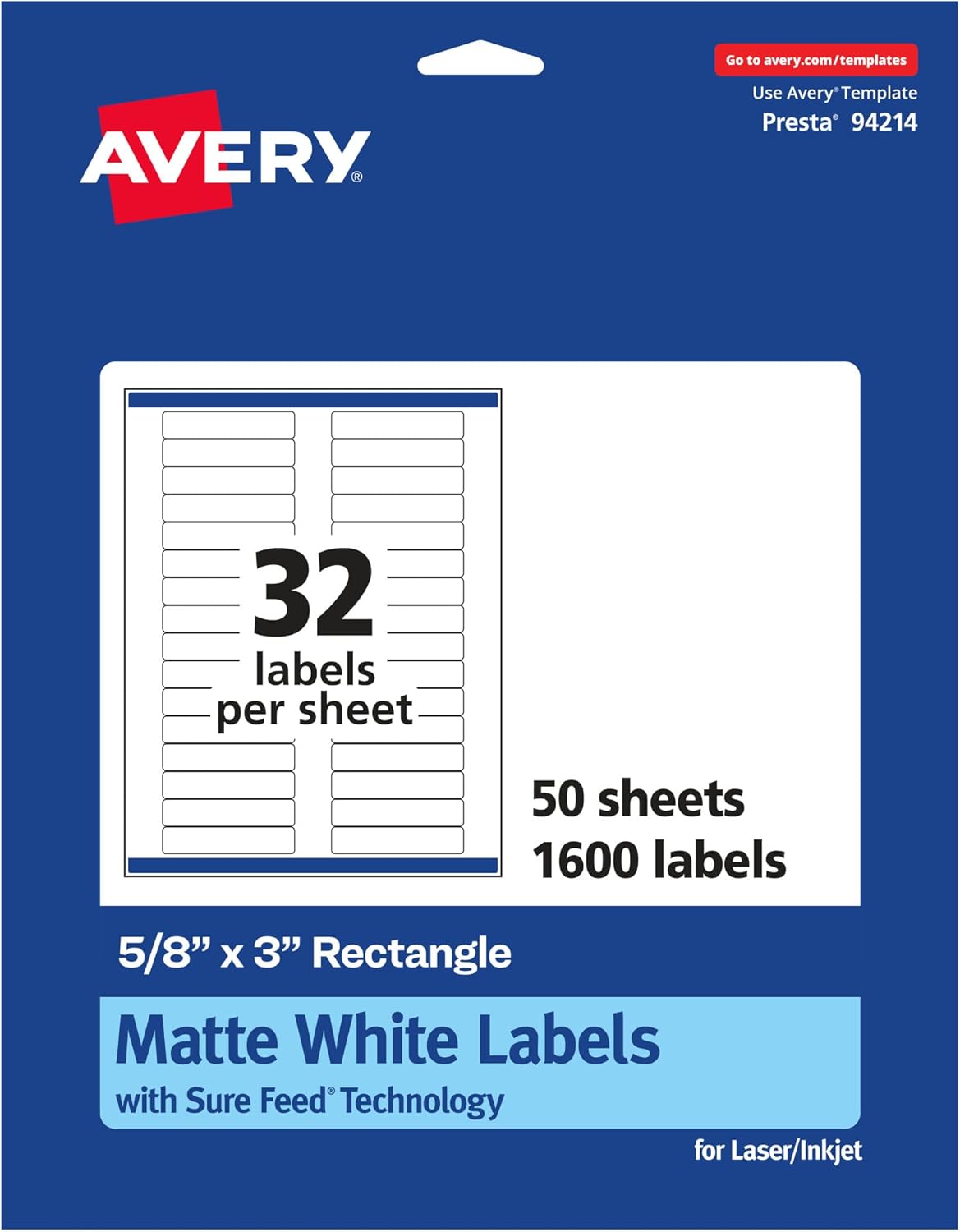 Avery Matte White Rectangle Labels, Sure Feed Technology, 5/8" x 3", 1,600 Matte White Printable Labels