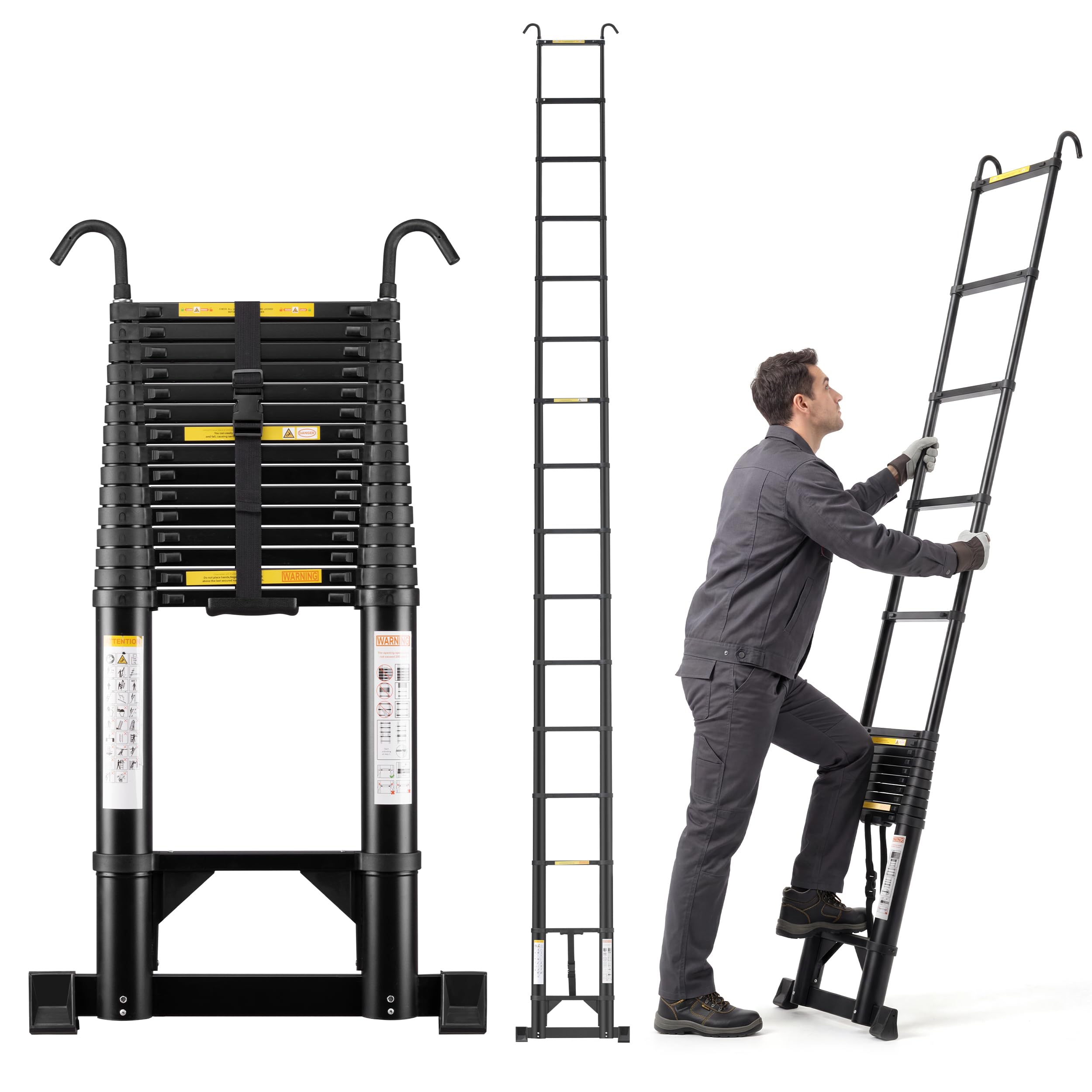 TEENO Escalera telescópica de Aluminio 6,2 m, Escalera Plegable Portátil Barra Estabilizadora y Ganchos Extraíbles, Refuerzo Triangular en la Parte Inferior, Negro, Capacidad 150 kg