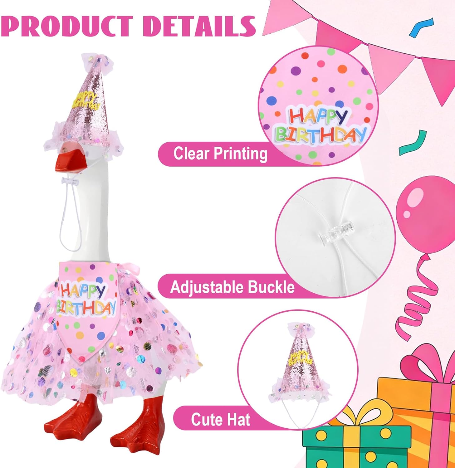 3 Pcs Birthday Porch Goose Outfit Set, Clothes Includes Tutu Skirt Hat & Bib for 43.18 cm/17in & 58.42cm/23in Cement Lawn Geese Costume Clothing Garden Yard Outdoor Decor Accessories (Pink) - Image 3