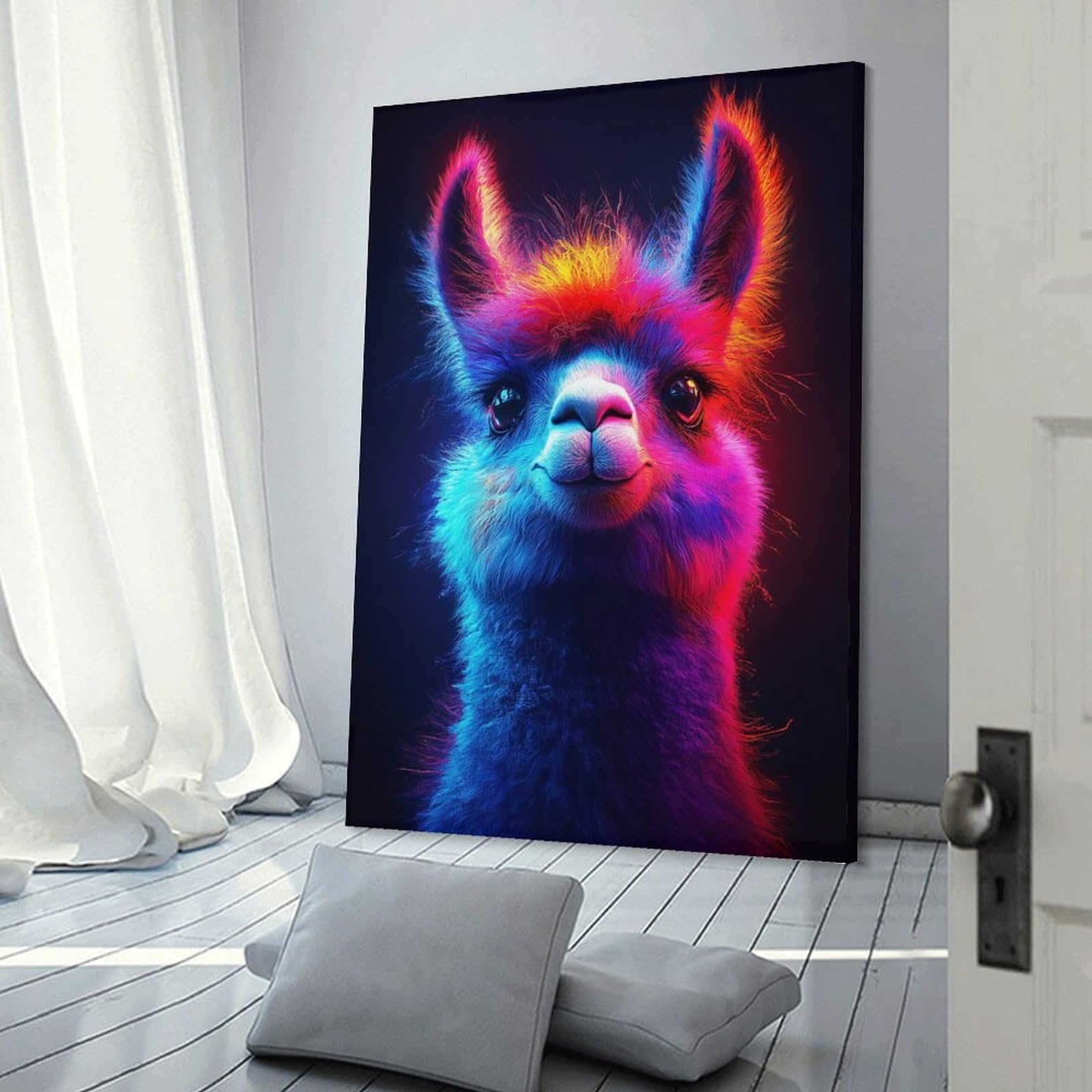 Junmoney Frame-Style-17 Canvas Art Print Neon Llama Portrait, 20X30inch(50X75cm), For Office, Study Or Home Workspace, Wall Art That Adds Style To Work Areas