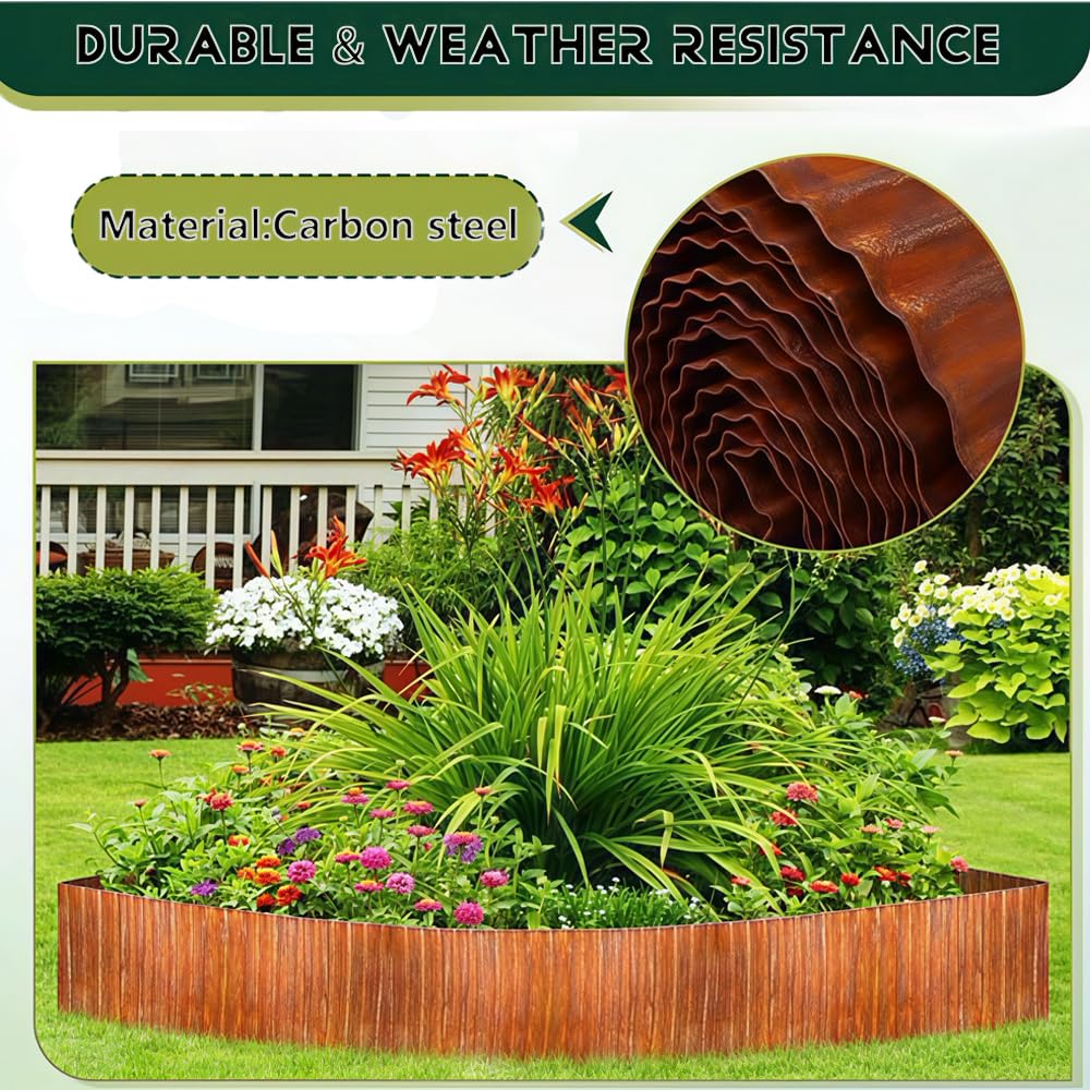 Bordura Acero Corten 12m, Borduras Jardín Metálicas de 15 cm de Altura, Fácil de Instalar - Separador Jardín Exterior Ondulado con Pátina Natural de Óxido (Marrón)