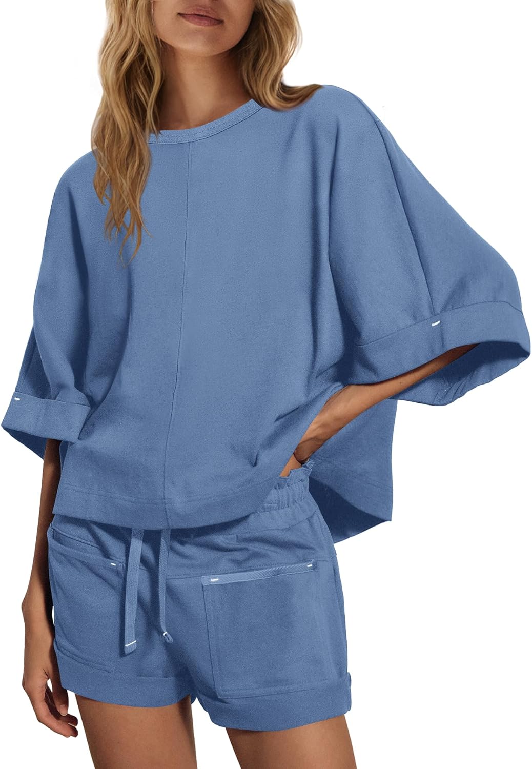 ReachMe Womens 2 Piece Lounge Short Set Oversized Half Sleeve Tops and Summer High Waisted Shorts with Pockets