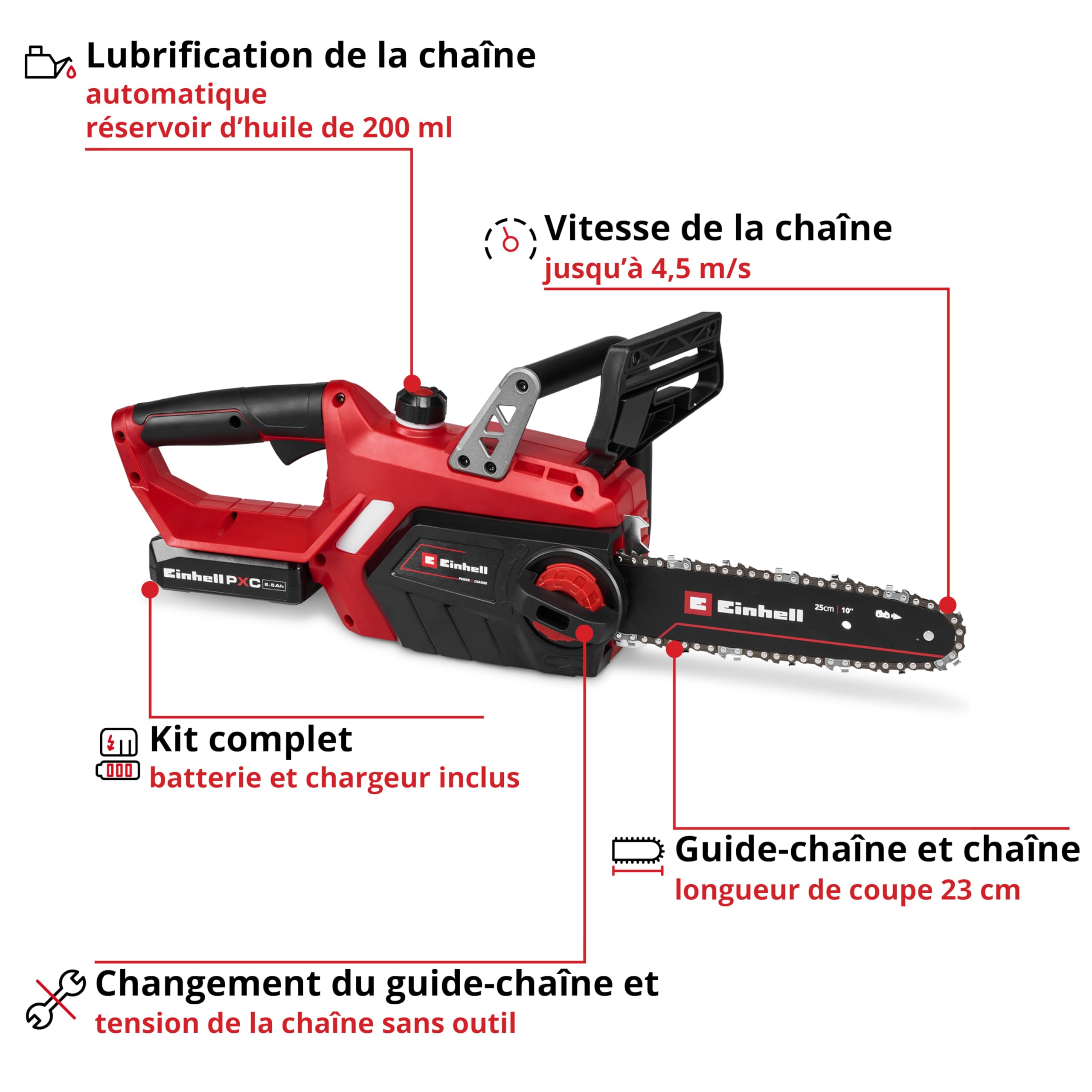 Einhell Akumulatorowa piła łańcuchowa GE-LC 18/25-1 Li Kit (1 x 2,5 Ah), PXC (18 V, długość cięcia 23 cm, prędkość łańcucha 4,5 m/s, automatyczne smarowanie, z akumulatorem i ładowarką)