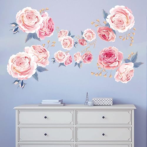 decalmile 16 pegatinas de pared de rosas rosas extraíbles, calcomanías de pared de flores para dormitorio, sala de estar, decoración de pared