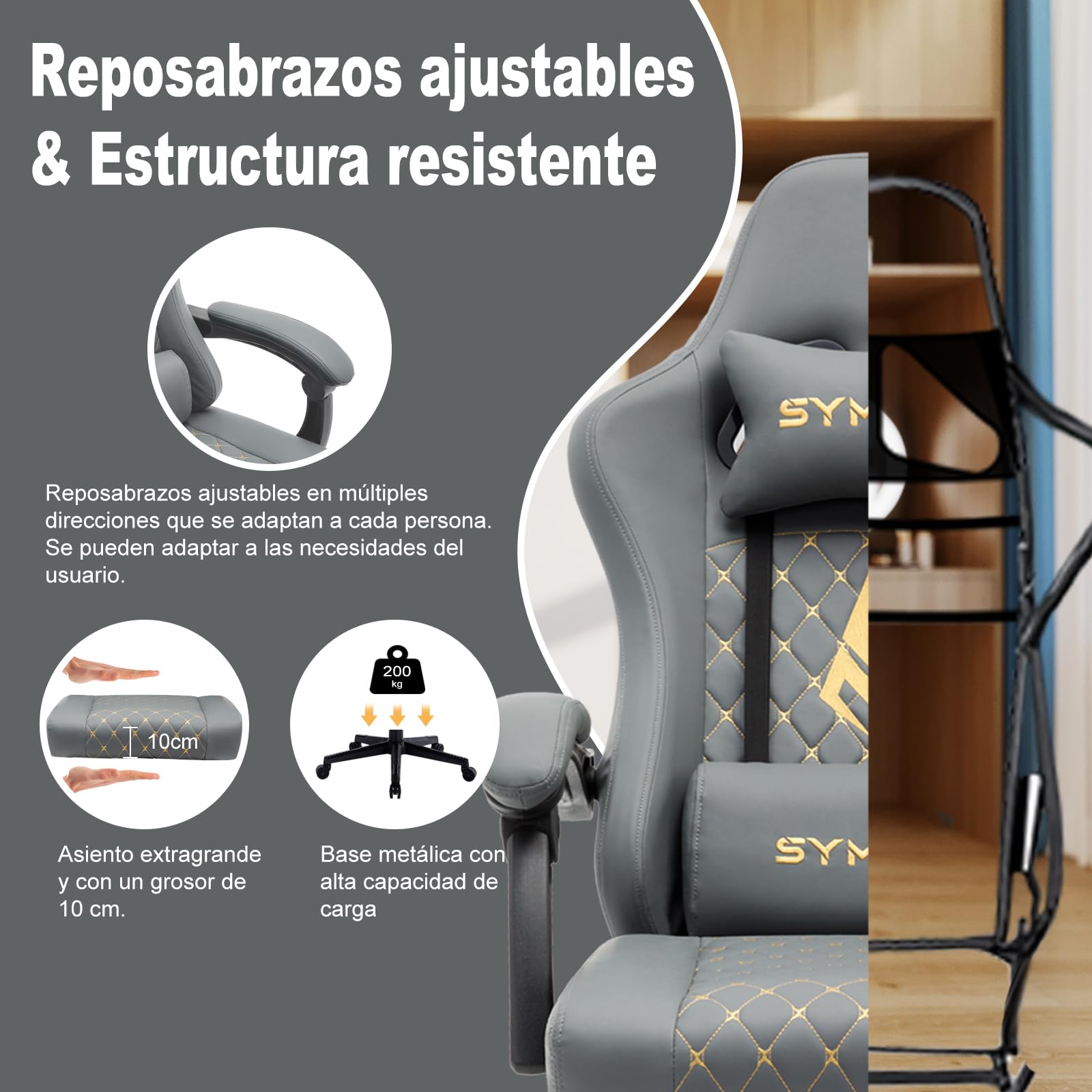 Symino Silla Gaming Ergonómica con Asiento de Espuma Alta Densidad – 150 kg, Reclinable con Soporte Lumbar, Reposabrazos Ergonómicos, Giratoria 360° para Oficina y Escritorio