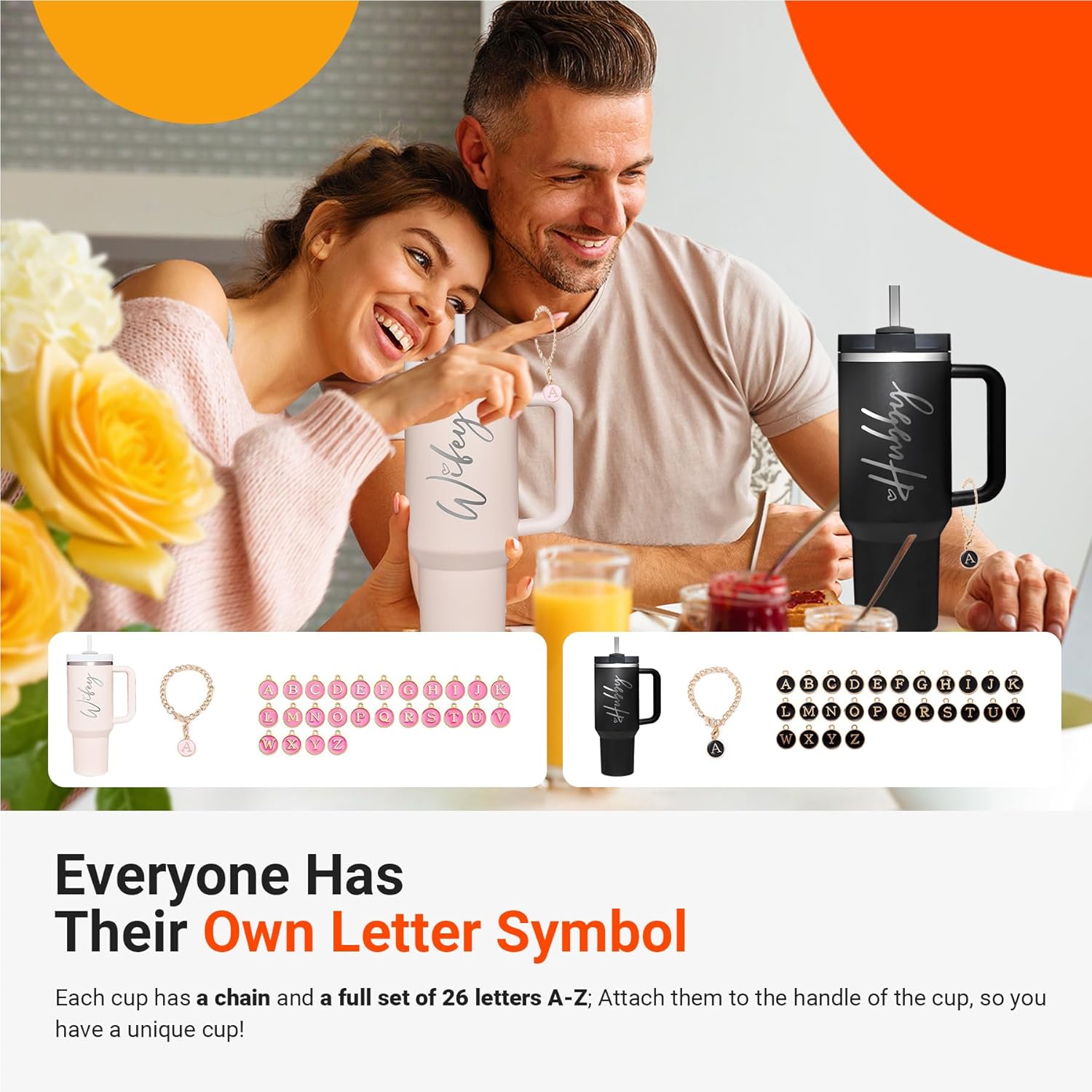 Wifey Hubby 40 oz Tumbler Cup for Couples with Handle Lids Straws Letter Charm Accessories 2 Pack Wedding Gifts for Couples 2024 Engagement gift Bridal Shower Gift for Bride Groom Newlyweds - Image 6