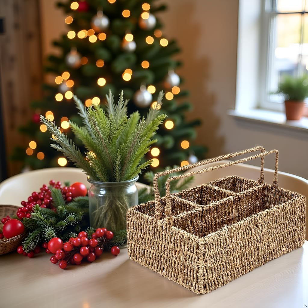 PEMAR Large L-Sized Hand Woven Utensil Caddy Carrier, Natural Jute Wicker Condiment Holder for Table, Kitchen Set Counter Top Silverware Organizer, Rustic Storage Forks, Spoons (Seagrass)