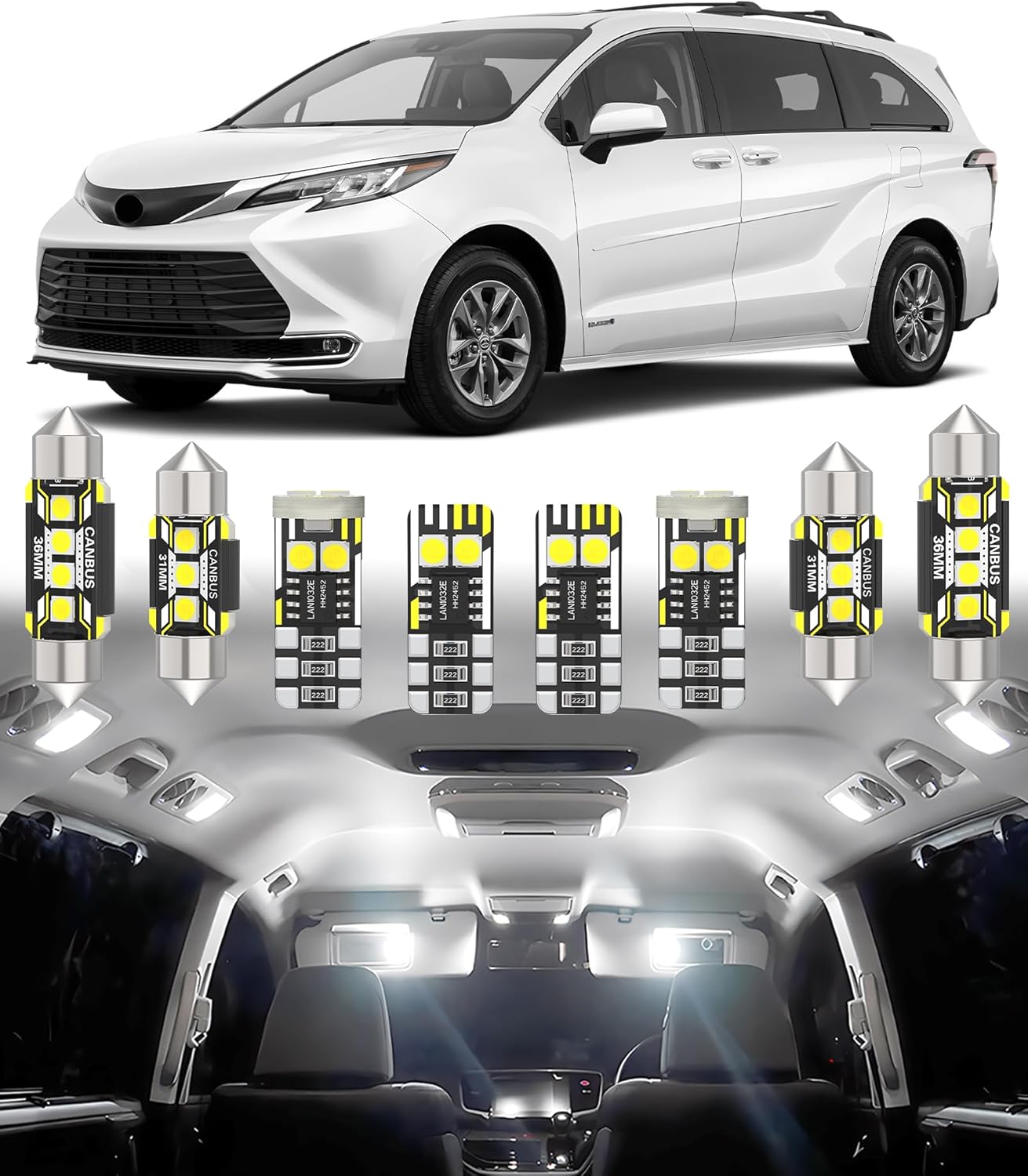 BMT xms Car Interior LED Light Replacement for Toyota Sienna 2011-2021,6000K Super Bright Interior Light Bulbs Package, 15pcs