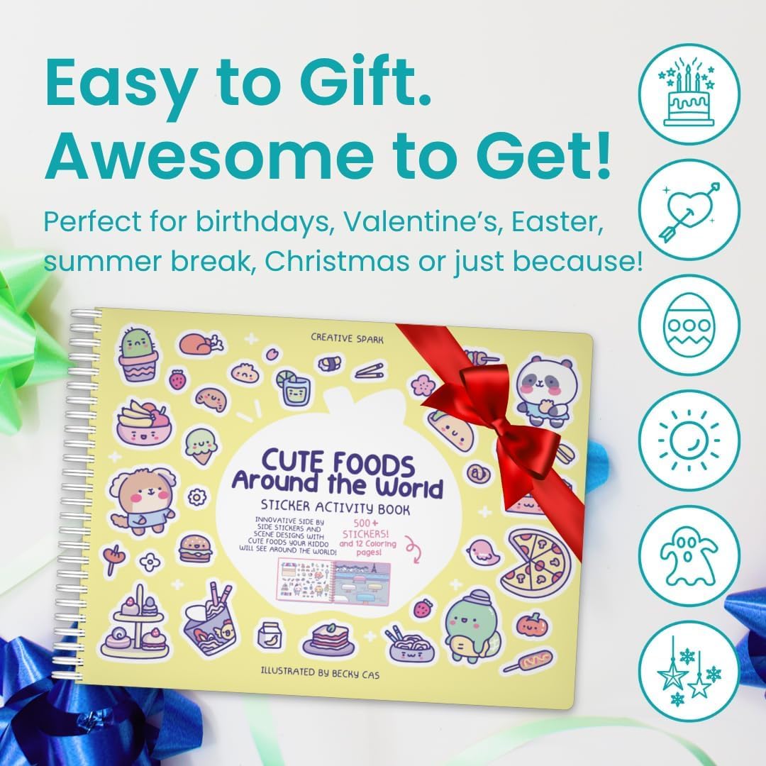 Cute Foods Around The World 500+ Sticker Book for Girls by Cupkin Toddler Airplane Activity Coloring + Sticker Book, 12 Coloring Pages + Scenes for 2-8 Years Children's, Valentines Gifts for Kids - Image 7