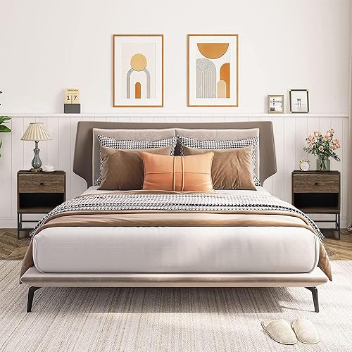 Miniatura 7 de HLXZN Mesita de noche, mesa auxiliar con cajón, muebles de noche con marco de acero, mesa auxiliar para dormitorio, fácil montaje, marrón rústico