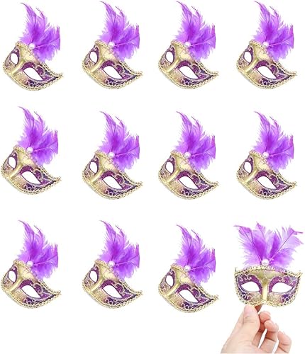 Hophen 24 piezas de mini máscaras decorativas para decoración de fiesta, de plumas de lujo, Mardi Gras, máscara veneciana para fiestas (morado)