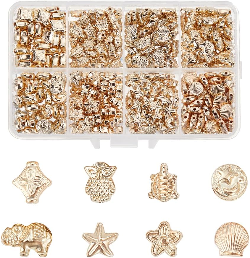PH PandaHall 300pcs Gold Spacer Beads 8 Style Starfish Shell Beads Flat Round Beads Animal Turtle Spacers Beads for DIY Summer Surfing Bracelet Necklace Earring Jewelry Making