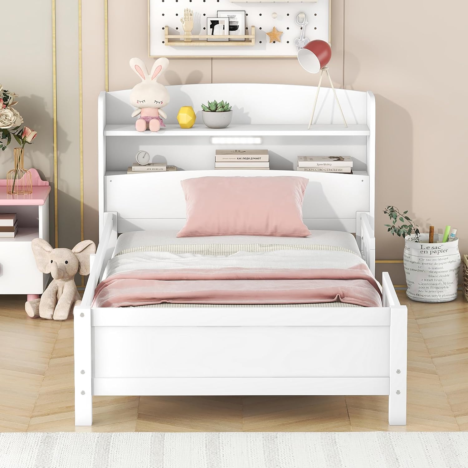SOFTSEA Twin Size Bed Frame with Storage Headboard and LED Light for Kids, Solid Wood Platform Bed Frame with Fence Guardrails, Kids Twin Bed Frame, White