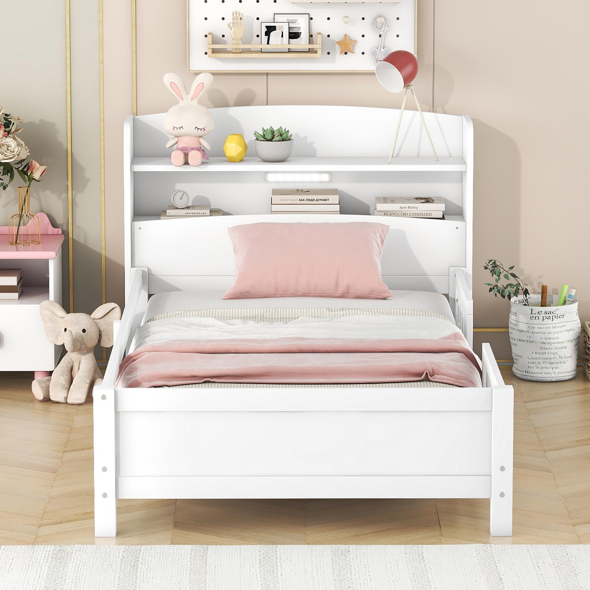 SOFTSEA Twin Size Bed Frame for Kids, Platform Bed with Storage Headboard and LED Light, Wood Platform Bed Frame with Fence Guardrails, Kids Twin Bed Frame, No Box Spring Needed, White