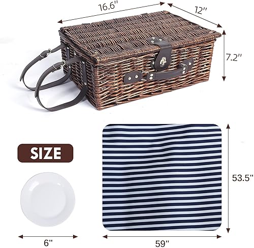 Miniatura 2 de Cesta de picnic de mimbre para 4 personas con manta de picnic impermeable y enfriador aislante, cesta de sauce para camping, al aire libre, sesión
