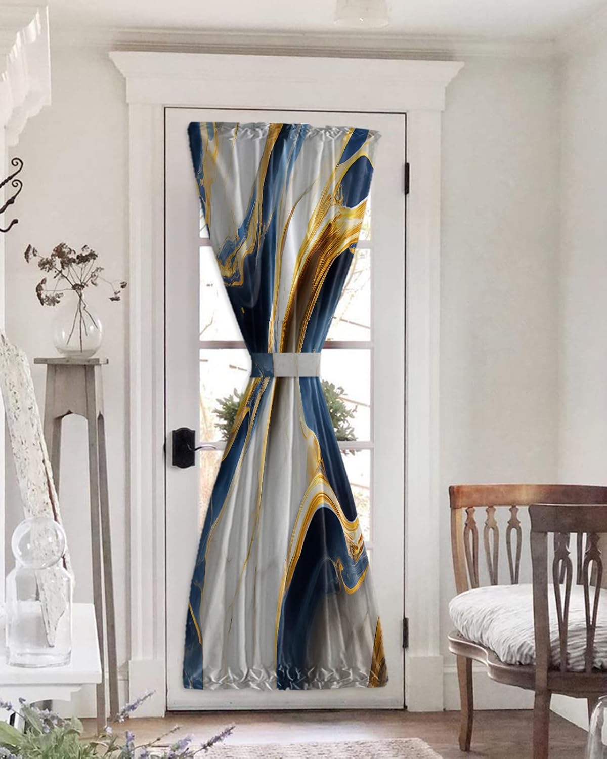 Navy Blue Gold Blackout Door Curtains for French, Glass