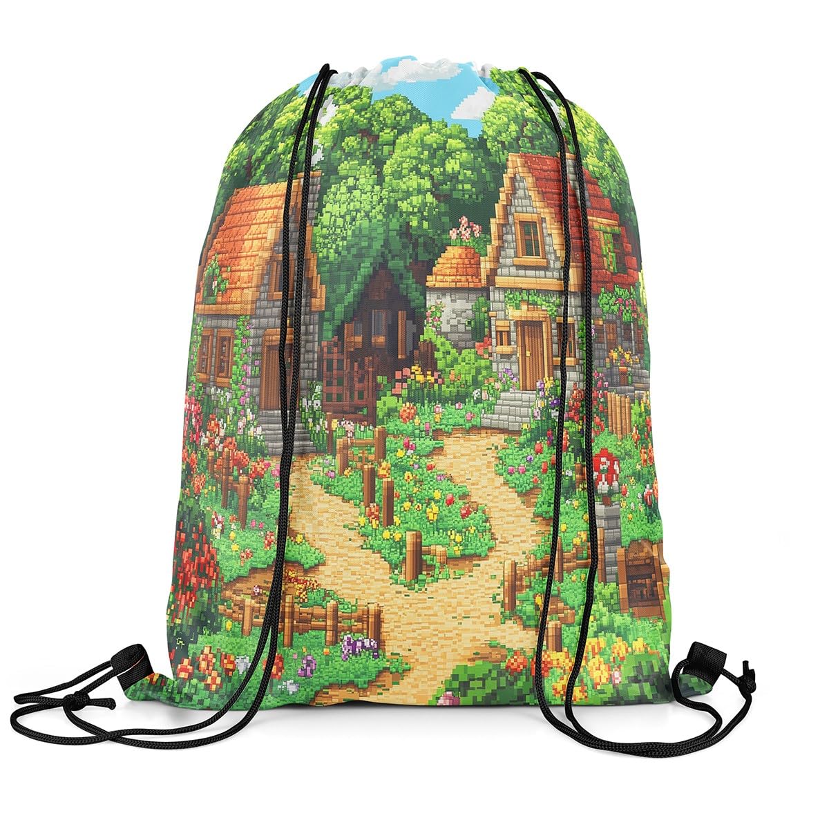 Castle Fairy Rustic Country Drawstring Backpack Pixel Style Log Cabin Sackpack for Beach Swimming Pool Building Video Games Draw String Bags Waterproof Sports Gym