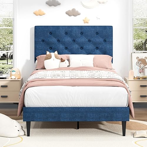 Miniatura 59 de BarnFurin Base de cama de tamaño matrimonial con cabecero, cama de plataforma tapizada con cabecera capitonada con botones ajustables, marco de cama